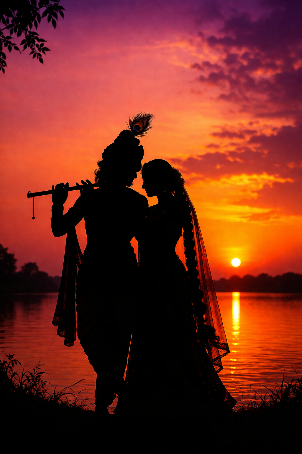 Radha Krishna silhouette profiles against orange pink purple gradient sunset with river below